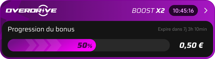 Overdrive boost x2 panel with the bonus progress bar at 50 percent