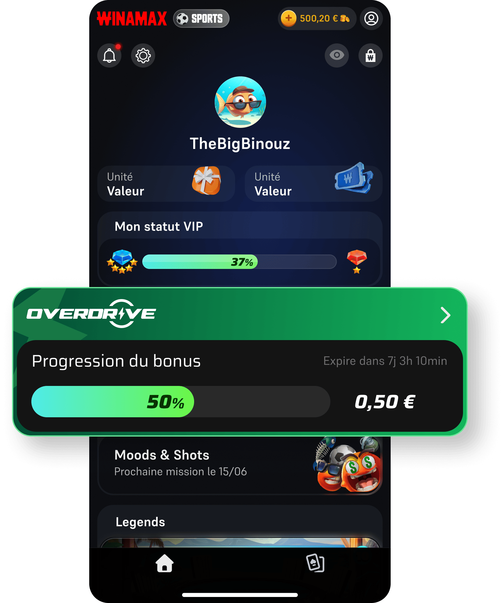 Winamax app screen showing the Overdrive bonus progress bar at 50 percent