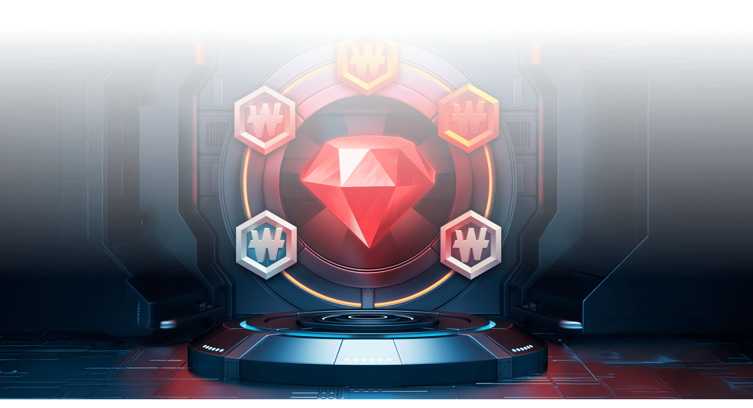 Red diamond and VIP badges on a futuristic podium