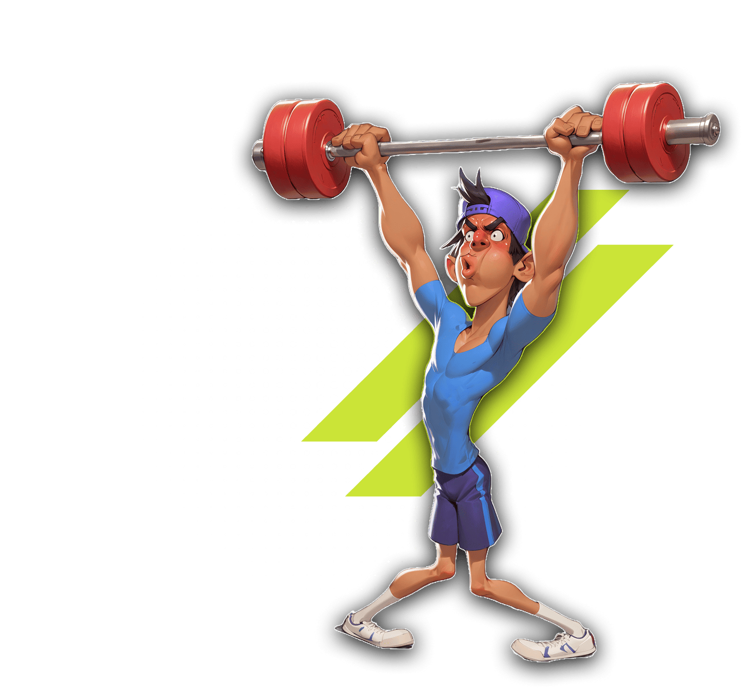 Cartoon weightlifter pressing a loaded barbell overhead